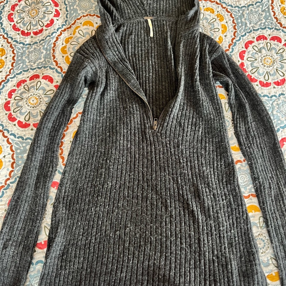 Free People Wool Blend Ribbed 1/2 Zip Hooded Sweater—Medium, Gray